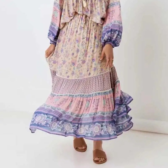 Boho Lilac Purple Floral Print Stretchy Waist Maxi Skirt - Picture 6 of 9